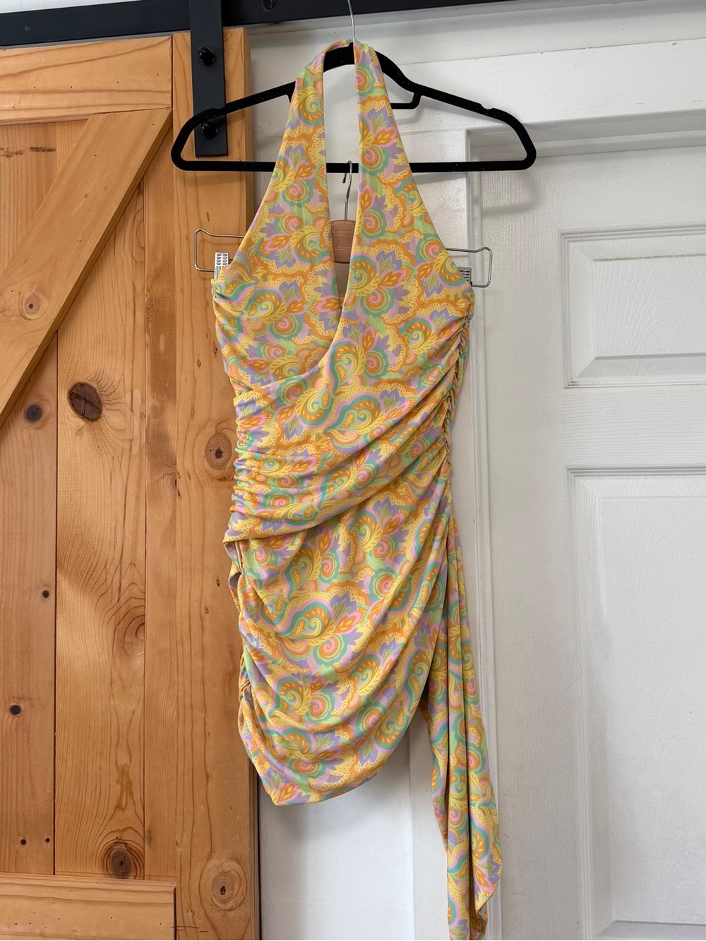 Tiger Mist Ruched Halter Harlee Mini Dress Retro Yellow Paisley Print